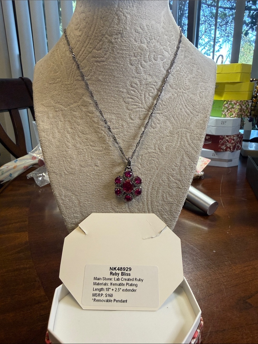 Ruby Bliss Pink Floral Pendant Necklace in Silver-Tone Hematite Plating